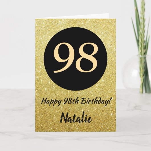 98. Happy Birthday Black and Gold Glitzer Card Karte (Vorderseite)