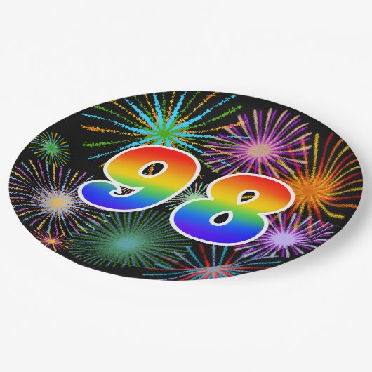 98. Veranstaltung - Spaß, farbig, kühl, Regenbogen Pappteller (Schrägansicht)