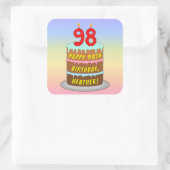 98th Birthday: Fun Cake and Candles + Custom Name Quadratischer Aufkleber (Tasche)