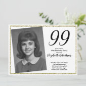 99. Benutzerdefiniertes Foto in Weiß und Gold  Einladung (Stehend Vorderseite)