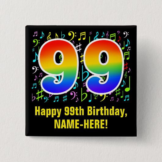 99. Geburtstag: Farbige Musiksymbole, Regenbogen 9 Button (Vorderseite)