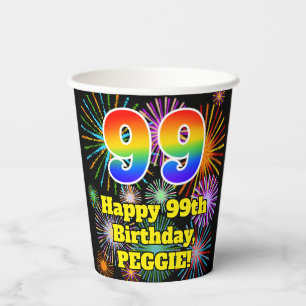 99. Geburtstag: Fun Fireworks Muster + Regenbogen  Pappbecher