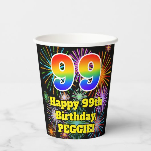 99. Geburtstag: Fun Fireworks Pattern + Rainbow 99 Pappbecher (Rückseite)