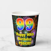 99. Geburtstag: Fun Fireworks Pattern + Rainbow 99 Pappbecher (Vorderseite)