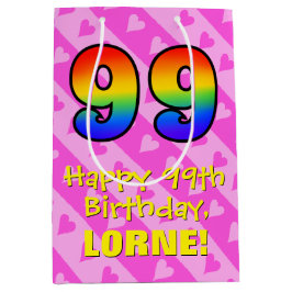 99. Geburtstag: Fun Pink Hearts Streifen; Regenbog Mittlere Geschenktüte