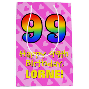 99. Geburtstag: Fun Pink Hearts Streifen; Regenbog Mittlere Geschenktüte