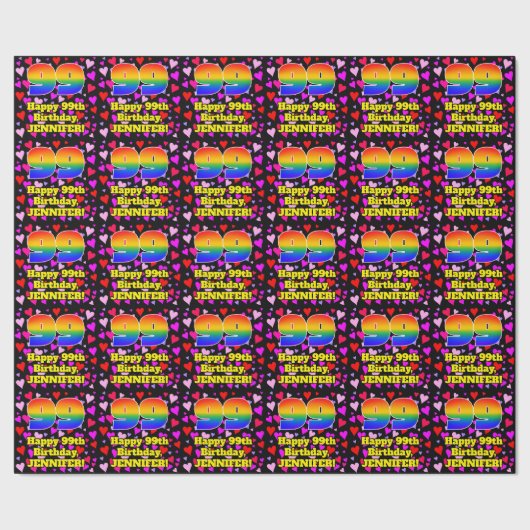 99. Geburtstag: Loving Hearts Pattern, Regenbogen Geschenkpapier (Saum)
