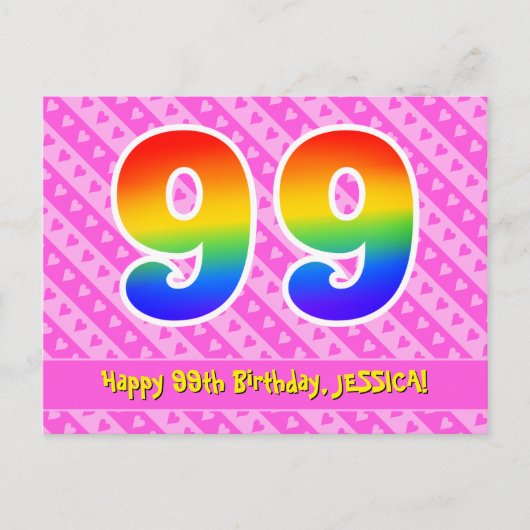99. Geburtstag: Rosa Streifen & Herz, Regenbogen 9 Postkarte (Vorderseite)