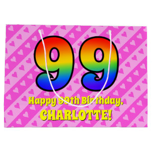 99. Geburtstag: Rosa Streifen & Herz, Regenbogen # Große Geschenktüte