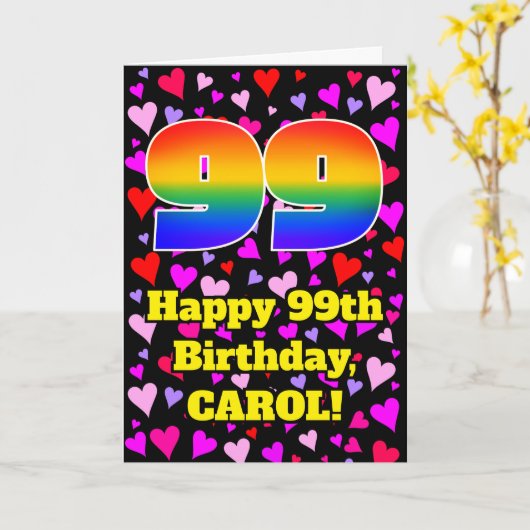 99th Birthday: Loving Hearts Pattern, Rainbow # 99 Karte (Gelbe Blume)