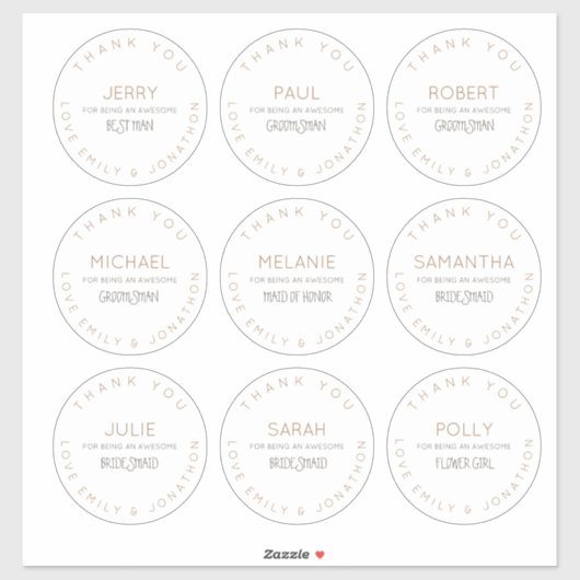 9 Einzelnamen Vielen Dank Brautparty groß Aufkleber (Blatt)