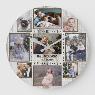 9 Familienfoto-Collage Bauernhof Holz Individuelle Große Wanduhr