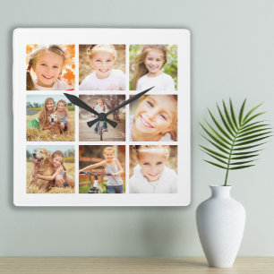 9 Familienfoto-Collage Weiß Quadratische Wanduhr