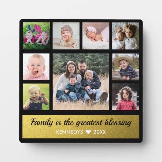 9 Familienfotocollagenangebot Schwarz und Gold Fotoplatte (Vorderseite)