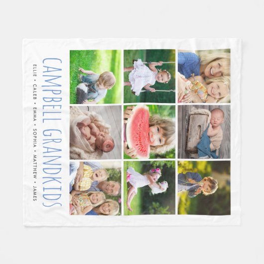 9 Foto Collage mit Ihren Enkelkindern Namen | Weiß Fleecedecke (Vorderseite (Horizontal))