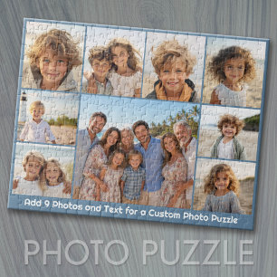9 Foto-Collage Optionaler Text -- Blau Weiß Puzzle