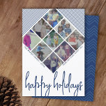 9 Foto Diamond Pattern - Happy Holidays Navy Feiertagskarte<br><div class="desc">VORDERES DESIGN: Eine Collage von 9 Fotos in einem rautenförmigen Gitter, um viele Bilder aus dem vergangenen Jahr zu unterstreichen. Das Foto-Raster enthält die Familiennamen, die die Collage als Rahmen umgeben. Moderne Optik für eine Urlaubsfotokarte mit marineblauen Akzenten und "Happy Holidays" in einem funky handgeschriebenen Script-Schriftart. Der Hintergrund ist weiß....</div>