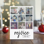 9 Foto Freude Minimal Design Weihnachtsschrift Feiertagskarte<br><div class="desc">Verwenden Sie neun quadratische Bilder und machen Sie ein einzigartiges und trendiges fröhliches Weihnachtsgrüßen mit einem auffallenden, kühnen Streifenmuster auf der Rückseite. Es handelt sich um ein minimalistisches Design mit einem Bereich, in dem Sie Ihre Familiennamen hinzufügen können. Wenn Sie etwas bewegen möchten, klicken Sie auf die Schaltfläche Anpassen, um...</div>