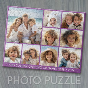 9 Foto-Quadrat-Collage - lila mit weißem Text Puzzle