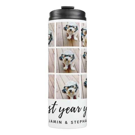 9 FotoCollage Best Year yet Black Calligraphy Thermosbecher (Vorderseite)