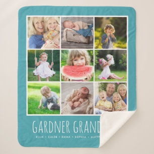 9 FotoCollage mit Grandkids-Namen   Türkis Sherpadecke