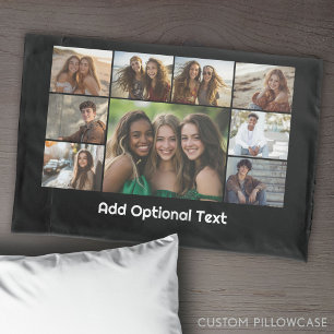 9 FotoCollage Optionaler Text — Schwarz-weiß Kissenbezug