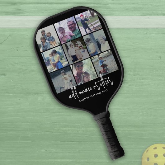 9 FotoCollage - Schwarz - Weißes Trendskript Pickleball Schläger