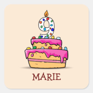 9. Geburtstag, 9. Geburtstag, auf Sweet Pink Cake Quadratischer Aufkleber