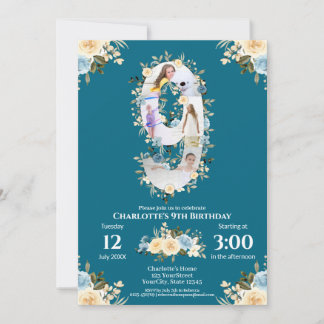 9. Geburtstag Aquamarine Blume Foto Collage Blue Y Einladung