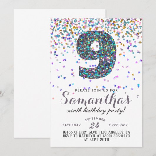 9. Geburtstag Confetti Einladung (Vorne/Hinten)
