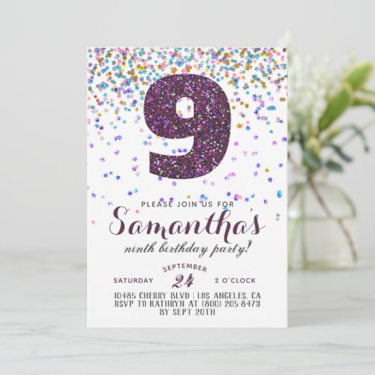9. Geburtstag Confetti Einladung (Stehend Vorderseite)