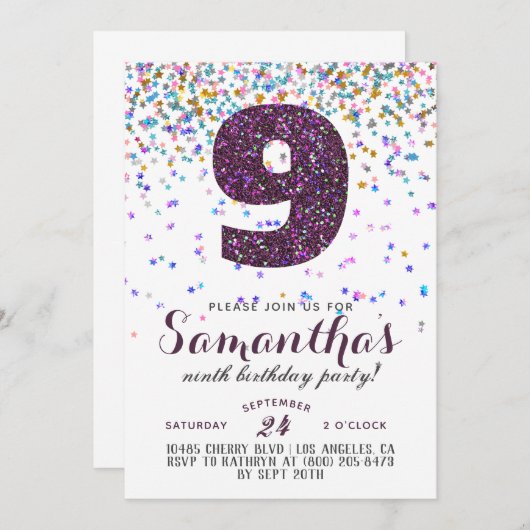 9. Geburtstag Confetti Einladung (Vorne/Hinten)