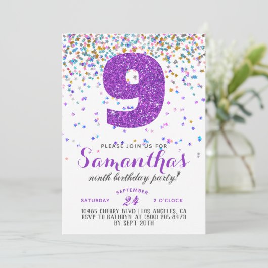 9. Geburtstag Confetti Einladung (Stehend Vorderseite)