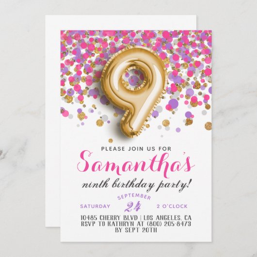 9. Geburtstag Confetti Einladung (Vorne/Hinten)