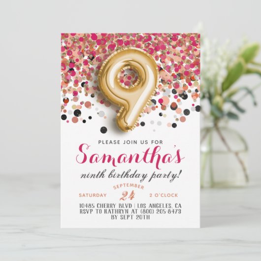 9. Geburtstag Confetti Einladung (Stehend Vorderseite)