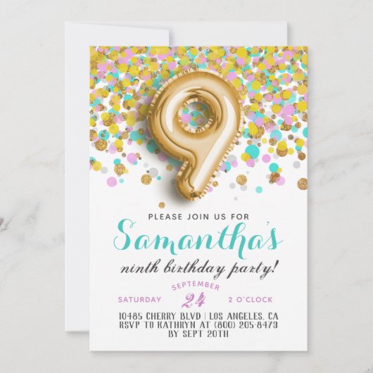 9. Geburtstag Confetti Einladung (Vorderseite)