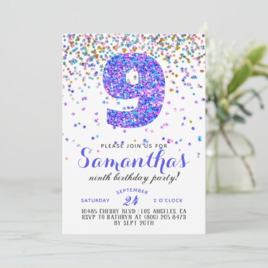9. Geburtstag Confetti Einladung (Stehend Vorderseite)