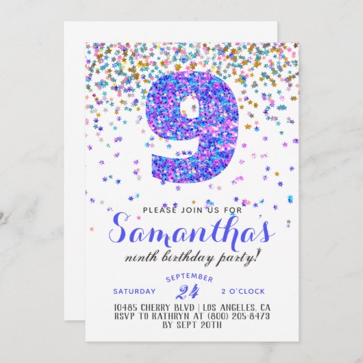 9. Geburtstag Confetti Einladung (Vorne/Hinten)