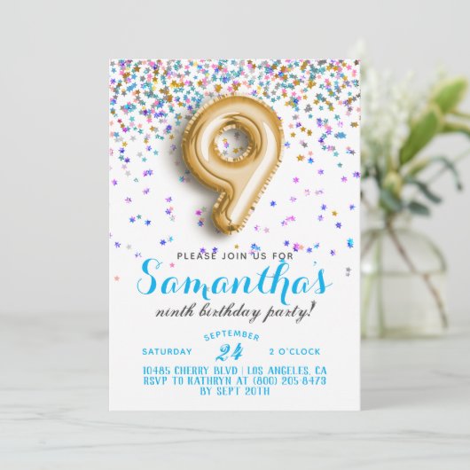 9. Geburtstag Confetti Einladung (Stehend Vorderseite)