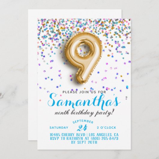 9. Geburtstag Confetti Einladung (Vorne/Hinten)