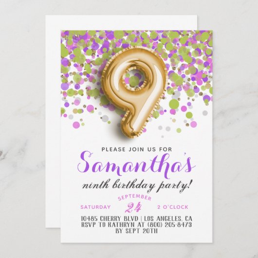 9. Geburtstag Confetti Einladung (Vorne/Hinten)