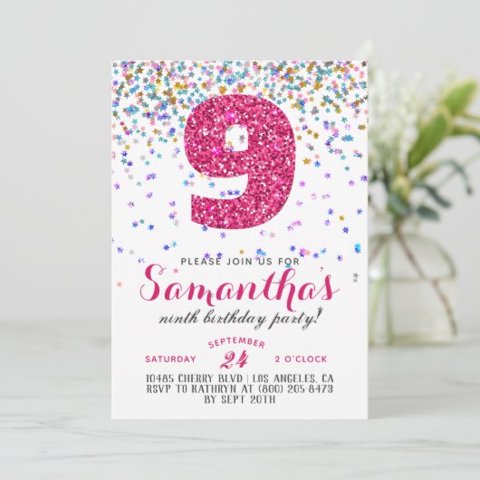 9. Geburtstag Confetti Einladung (Stehend Vorderseite)