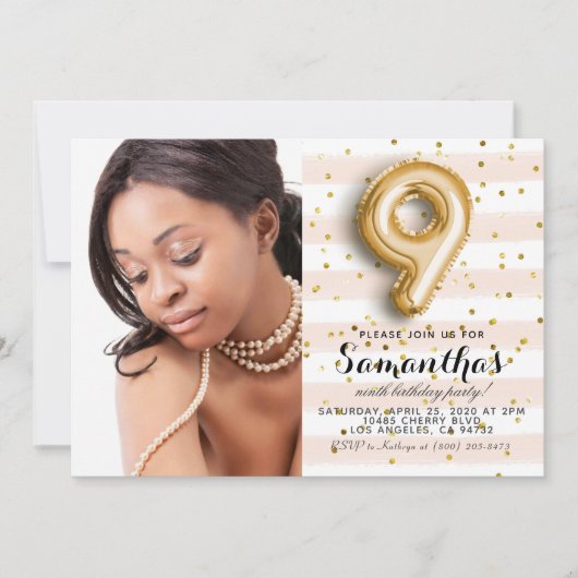9. Geburtstag Confetti gestreiftes Portrait Einladung (Vorderseite)