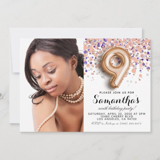 9. Geburtstag Confetti Gold Portrait Einladung (Vorderseite)