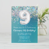 9. Geburtstag Einladung Aquamarin Silber Glitzer (Stehend Vorderseite)