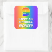 9. Geburtstag: Farbenfroh, Fun Rainbow Pattern # 9 Quadratischer Aufkleber (Tasche)