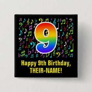 9. Geburtstag: Farbige Musiksymbole, Regenbogen 9 Button