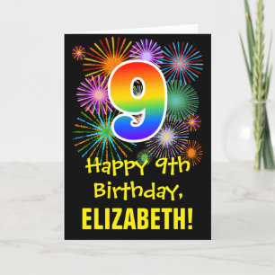 9. Geburtstag: Fun Fireworks Pattern + Regenbogen Karte