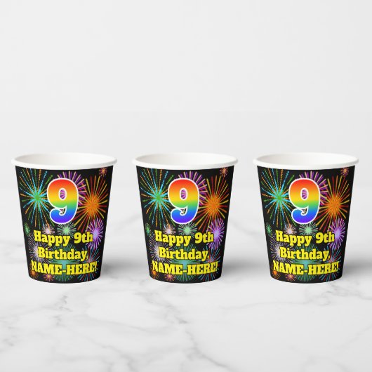 9. Geburtstag: Fun Fireworks Pattern + Regenbogen Pappbecher (Multi)