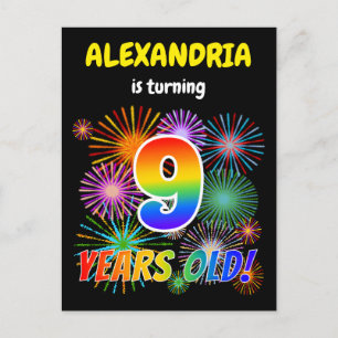 9. Geburtstag - Fun Fireworks, Regenbogen Look "9" Postkarte